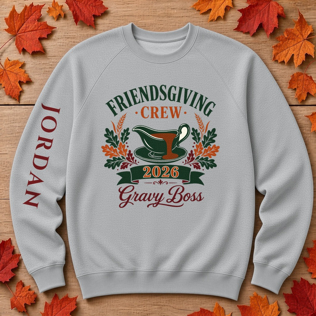 Thanksgiving or Friendsgiving Crew 2026 Gravy Boss sweatshirt in Athletic Heather with fall full color digital chest print
