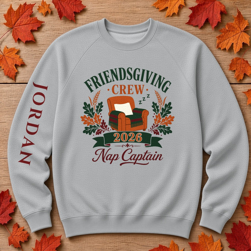 Thanksgiving or Friendsgiving Crew 2026 Nap Captain sweatshirt in Athletic Heather with fall full color digital chest print