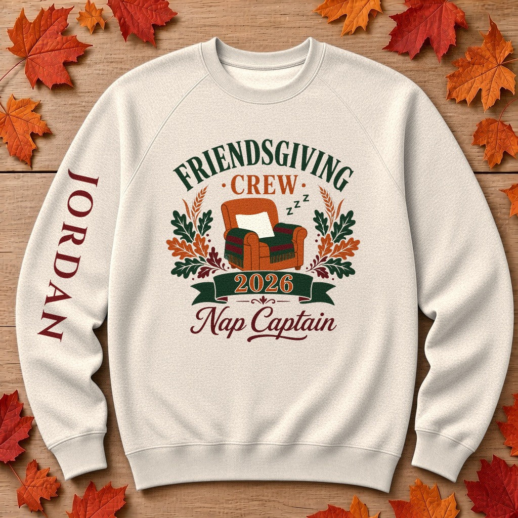 Thanksgiving or Friendsgiving Crew 2026 Nap Captain sweatshirt in Heather Dust with fall full color digital chest print