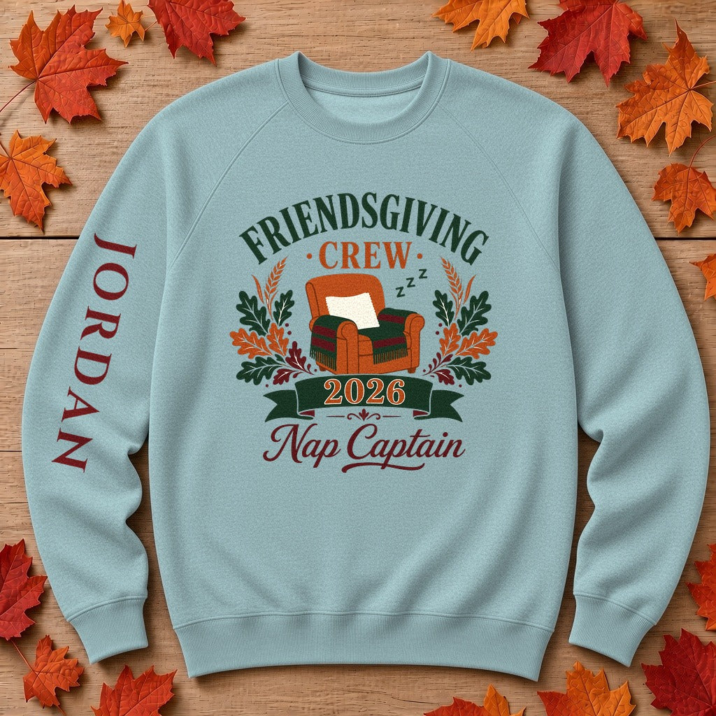 Thanksgiving or Friendsgiving Crew 2026 Nap Captain sweatshirt in Heather Blue Lagoon with fall full color digital chest print