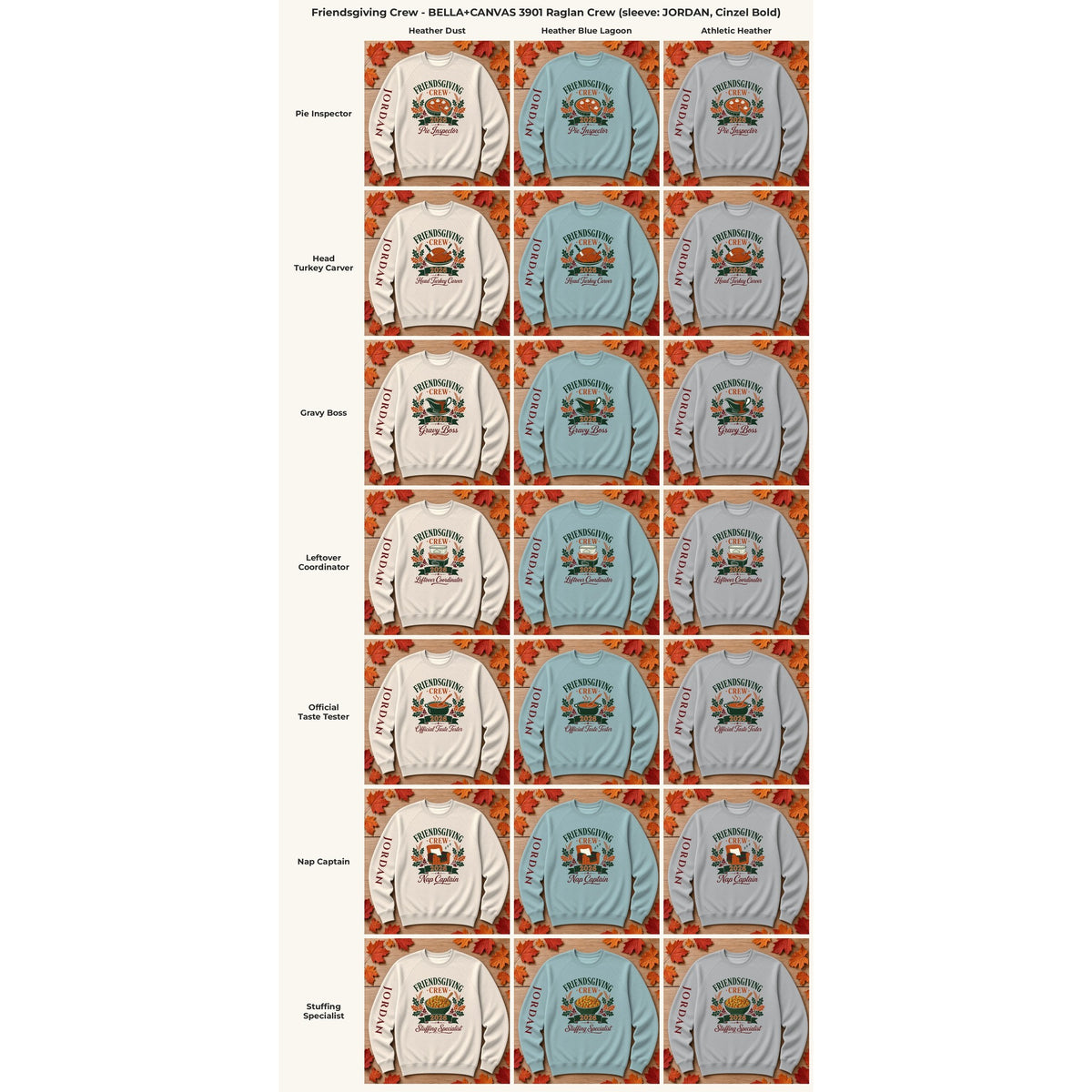 Thanksgiving or Friendsgiving Crew 2026 sweatshirt contact sheet showing all seven roles in Heather Dust, Heather Blue Lagoon and Athletic Heather
